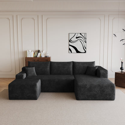 95-Inch Black Plush Corduroy U-Shaped Cloud Sectional Sofa with 1 Ottoman, Deep-Seat Corner Couch No-Assembly for Living-Room