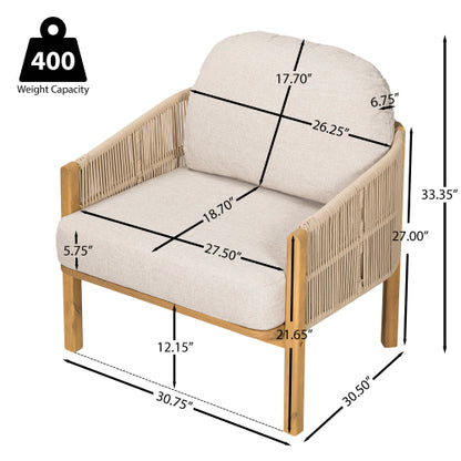 Grotta Outdoor Wood Club Chair, Beige Rope with Beige Cushion