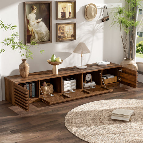 70.8 inch Walnut Fluted Flip Door TV Stand Low Profile Media Console For 65¨C80 Inch TV