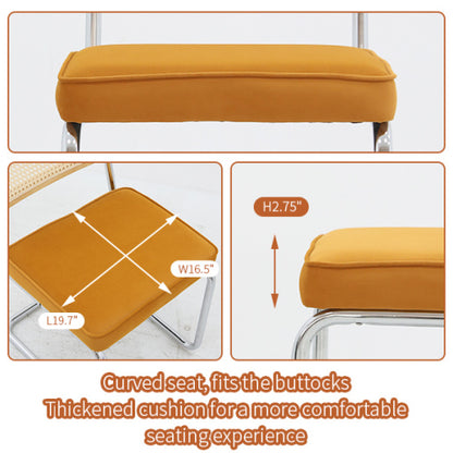 Set of 2 Orange Velvet Rattan Cantilever Dining Chairs, Chrome Tubular Steel Breuer Stackable Side Chairs
