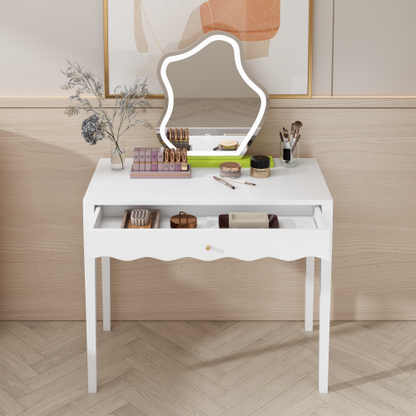 White 35.43inch  Vanity Desk with Drawer ¨C Modern Makeup Table with Scalloped Front & Gold Knob, Compact Writing Desk with 4 Sturdy Legs for Bedroom, Small Home Office & Apartment Spaces