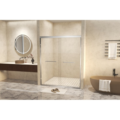 44-48" x 72" Tempered Glass with Explosion Proof Film, Aluminum Frame Double Sliding Shower Door, "1/4 (6 mm), Stainless Steel handle,Brushed Nickel