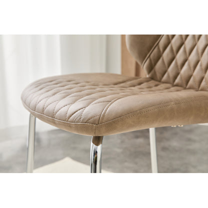 Set of 2 Khaki Crazy Horse Oil Wax Leather Dining Chairs, Electroplated Metal Leg Diamond Tuft High Back Chairs