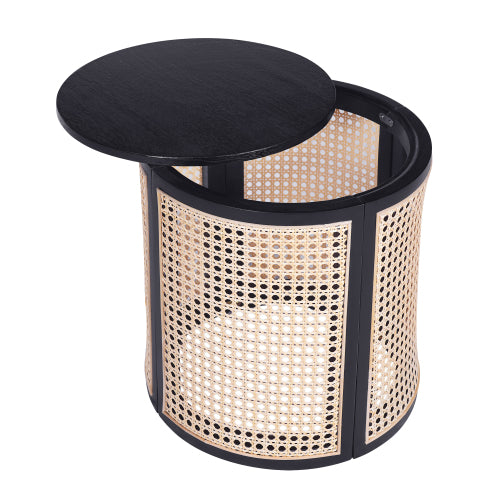Round Rattan End Table, 15.7 Inch Woven Side Table with Rubber Wood Top, Small Nightstand for Living Room Bedroom, Black