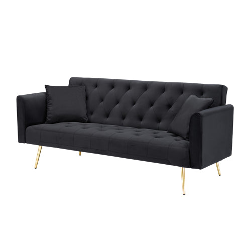 71-Inch Black Velvet Foldable Retro Double Sofa Bed for Small Spaces