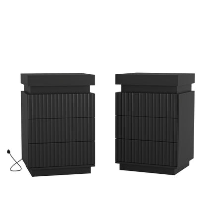 2 Pack Black Nightstand, Sliding Top Charging Station & RGB LED Fluted Drawers
