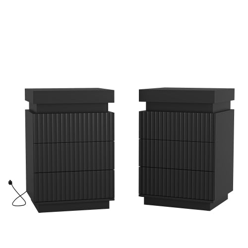 2 Pack Black Nightstand, Sliding Top Charging Station & RGB LED Fluted Drawers