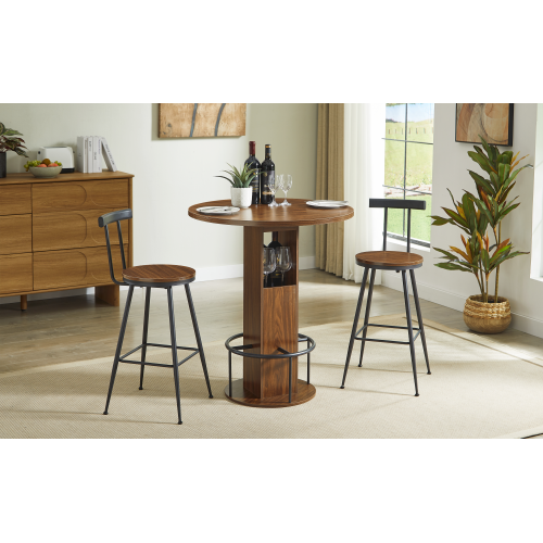3-Piece Bar Table and Stool Set 31.5-inch round bar table with two stools Compact wooden dining bar with metal ring footrest Ideal for restaurants, cafes, bars, living rooms, and small spaces,Walnut