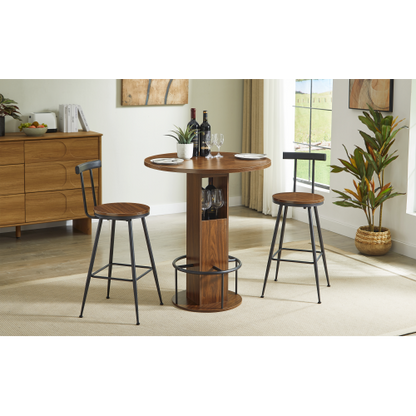 3-Piece Bar Table and Stool Set 31.5-inch round bar table with two stools Compact wooden dining bar with metal ring footrest Ideal for restaurants, cafes, bars, living rooms, and small spaces,Walnut