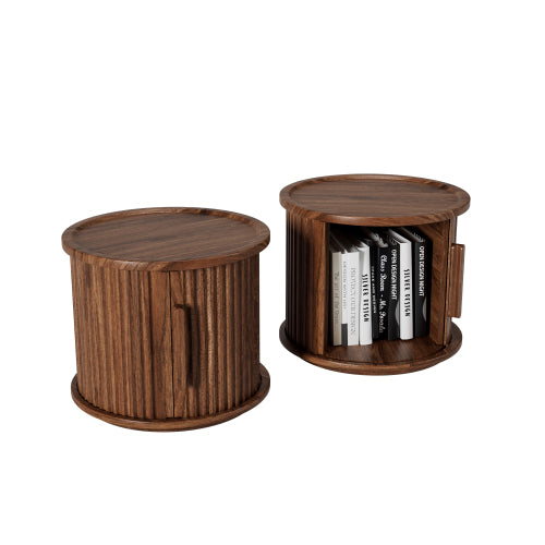 2 Pack Walnut Nesting Round Tables, Fluted Roman Column Design with Sliding Door