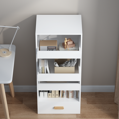 4-Tier Bookshelf with Sliding Drawers and Bottom Drawer