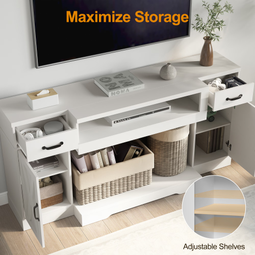 White Farmhouse 65 inch TV Stand with Adjustable Shelves and Storage