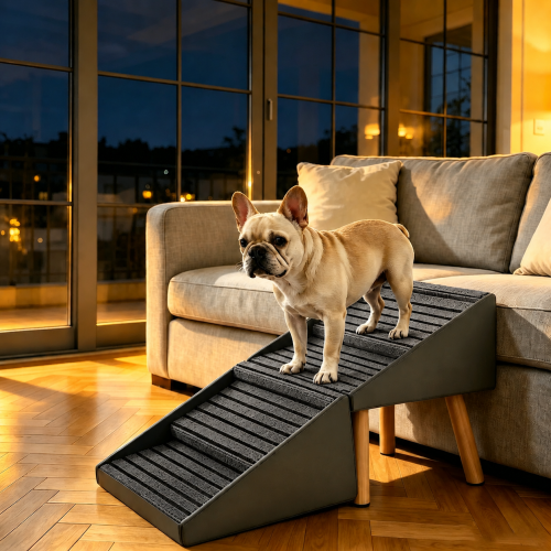 Grey 2-in-1 Foldable 4-Step Dog Ramp Ottoman 19.69 inch, Foldable Footstool for Small Dogs