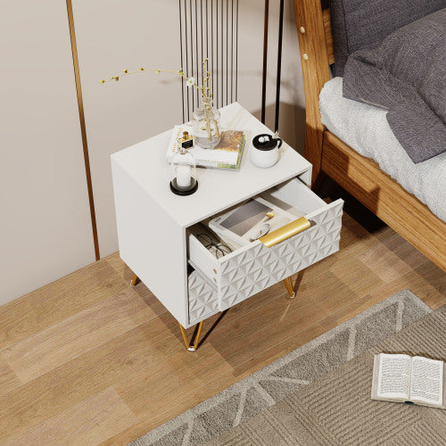 set of 2 nightstand with Light-Luxury Wall-Mounted Cabinet: 2 Drawers, Bottom support rail , Gold Legs & Handles, 3D Embossed, for Bedroom/Living Room/Office