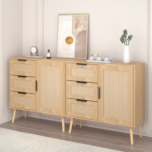 Modern Rattan Wood Dresser 3 Drawer Storage Cabinet with Adjustable Shelf Anti Tip
