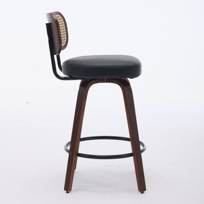 Set of 2 Counter Height Bar Stools - 26 inch Rattan Counter Height Stools with Cane Back, Upholstered Seat, Walnut Craftsmanship, Swivel Counter Stools for Island/Kitchen/Counter/Bar (Walnut Black)