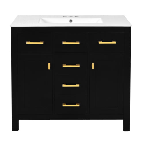 36'' Bathroom Vanity with Ceramic Sink Combo Set,Modern Freestanding Single Bathroom Cabinet with 4 Drawers & 2 Cabinets,Storage Cabinet for Bathroom, Solid Wood Frame Vanity Set, Black