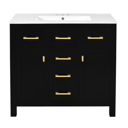 36'' Bathroom Vanity with Ceramic Sink Combo Set,Modern Freestanding Single Bathroom Cabinet with 4 Drawers & 2 Cabinets,Storage Cabinet for Bathroom, Solid Wood Frame Vanity Set, Black