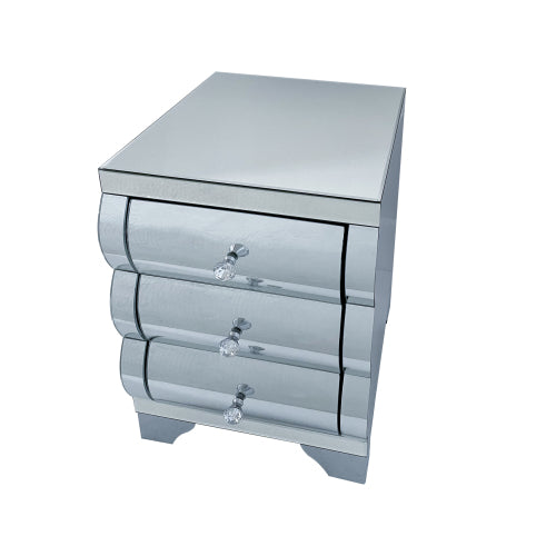 Silver Mirrored Nightstand with 3 Drawers, Curved Glass & MDF Bedside Chest for Small Spaces