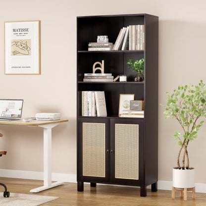 Walnut Tall 5-Tier Bookshelf With Rattan Closed Doors Large-Capacity Wooden Home Library Storage Bookcase