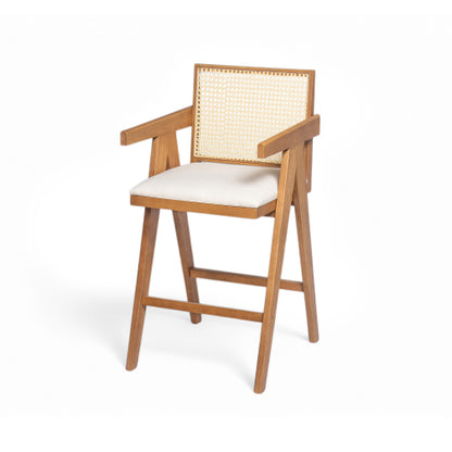 27inch Height, Cream Woven Cane Plastic Backrest Bar Stool - Foam-Padded Fabric Seat & Durable Rubberwood Frame