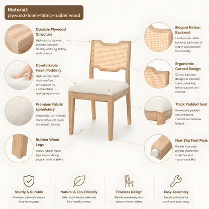 Set of 2 Natural Rubber Wood Farmhouse Rattan Back Counter Bar Stools, Beige Fabric Upholstered 19.2inch  Seat Height Chairs