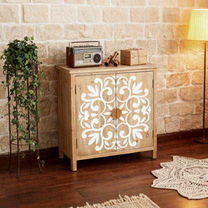 Rustic Wooden Accent Cabinet with Floral Carved Doors, 2 - Door Storage Cabinet for Living Room, Entryway, Dining Room