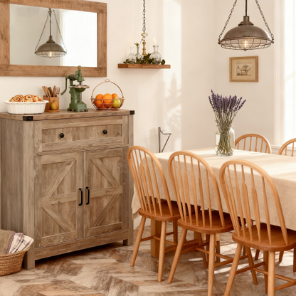 Light Gray-Washed Wood Farmhouse Barn-Door Storage Cabinet, Coffee Bar Buffet Sideboard with Drawer for Kitchen & Living Room