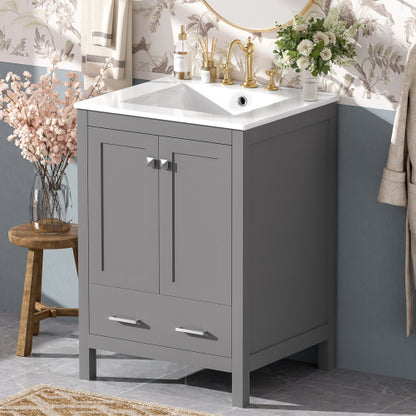 24-inch bathroom vanity with integrated undermount basin and a storage cabinet featuring 2 doors and 1 drawer. Includes double-layer door shelf, soft-close design, and versatile storage solutions