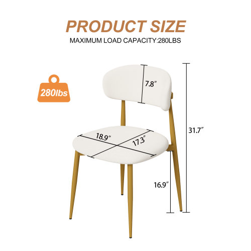 Set of 2 White & Gold Velvet Dining Chairs, Curved Backrest, Metal Legs, 250lbs Capacity for Dining Room & Kitchen