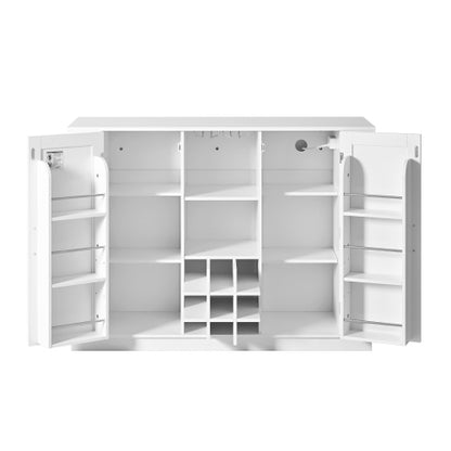 U_Style 47.2inch   Bar Table with Drop Leaf & Power Outlet, Wine Bar Cabinet with Bottle Rack & Glass Holder, Coffee Bar, 2-Door Buffet Sideboard with Side Shelves, Melamine MDF (Chairs Not Included)