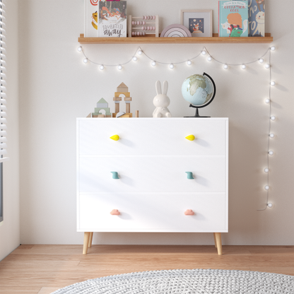 Kids 3 Drawer Dresser, Baby Nightstand Storage Cabinet, White Nursery Chest with Cartoon Pulls for Toddler Bedroom