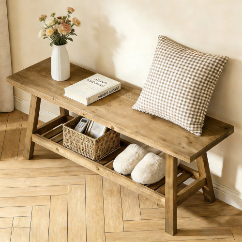 43inch  Farmhouse Wood Bench, 2-Tier Entryway Bench, Narrow Rustic Storage Bench with Open Storage Shelf for Entryway, Hallway, Living Room, Bedroom, Kitchen, Dining (Distressed Wood Color)