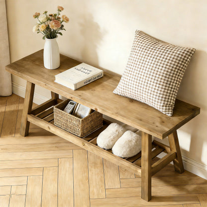 43inch  Farmhouse Wood Bench, 2-Tier Entryway Bench, Narrow Rustic Storage Bench with Open Storage Shelf for Entryway, Hallway, Living Room, Bedroom, Kitchen, Dining (Distressed Wood Color)