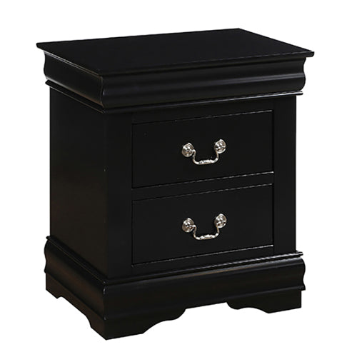 Classic Black 2-Drawer Nightstand with Brushed Nickel Handles, Traditional Bedroom Side Table