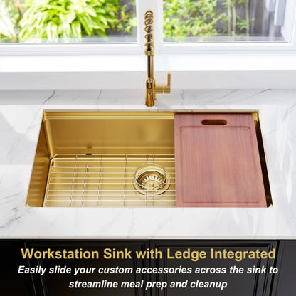 32 Gold Undermount Workstation Kitchen Sink-32 x 19 Inch 16 Gauge Stainless Steel Undermount Kitchen Sink