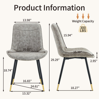 Set of 2 Gray Leathaire Tech Fabric Dining Chairs, Black Semi-Gloss Metal Leg Gold Trim Adjustable Non-Slip Feet Vertical Stitch High Back