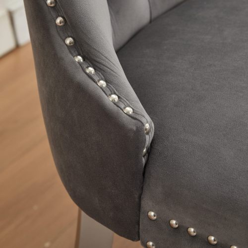 Velvet Double Dining Loveseat Bench, Kitchen & Dining Seating, 2-Seat Tufted Bench w/Handmade Buttons, Wing Back, Brushed Silver Stainless Steel Legs, Mid Century Modern,Single Pack,Gray