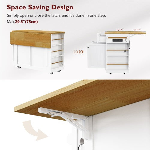 48inch Kitchen Island with 2 Bar Stools, Power Outlet, Door Internal Storage Rack, Kitchen Storage Cart on 5 Wheels with Drop Leaf, 5 Side Racks, 2 Drawers,White