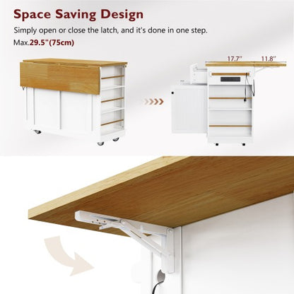 48inch Kitchen Island with 2 Bar Stools, Power Outlet, Door Internal Storage Rack, Kitchen Storage Cart on 5 Wheels with Drop Leaf, 5 Side Racks, 2 Drawers,White