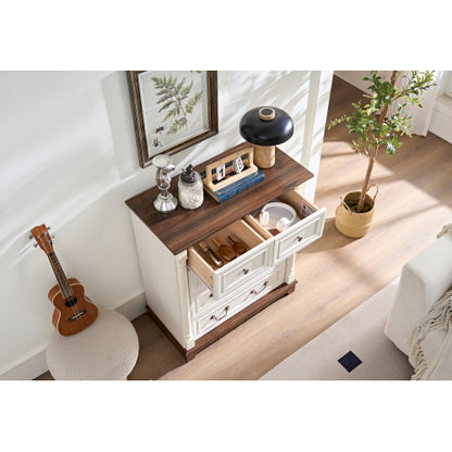 Farmhouse Style 5 Drawer Dresser Chest with Base Wooden Rustic Chest of Drawers, Storage Dresser Organizer for Bedroom, Living Room, Beautiful Sturdy and Durable