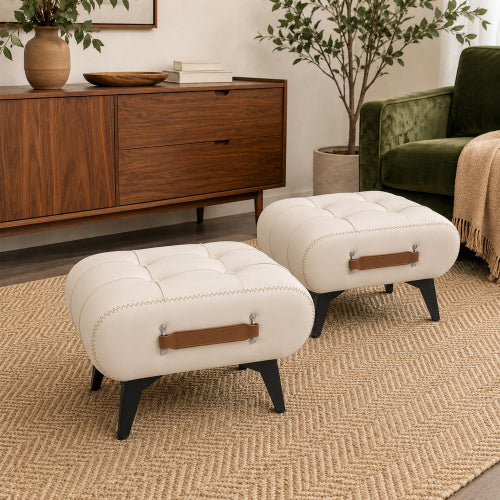 Square Faux Leather Tufted Storage Ottoman with Handles & Metal Legs, Multi-Purpose Footrest for Small Space Homes