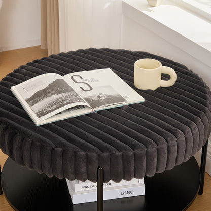 30.9 Inch Charcoal Faux Fur Round Ottoman, Open Storage Shelf Footstool with Black Metal Legs, Supports 275 Lbs