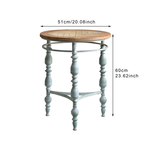 20.08 Inch Rustic Carved Wood Top Metal Leg Round Coffee Table