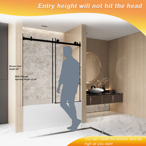 Frameless Single sliding shower door 56-60 "W x 60" H, 1/4 "(6 mm) Clear Tempered Glass, Explosion Proof Film, Stainless Steel Handle,Square Tube Track ,Matte Black