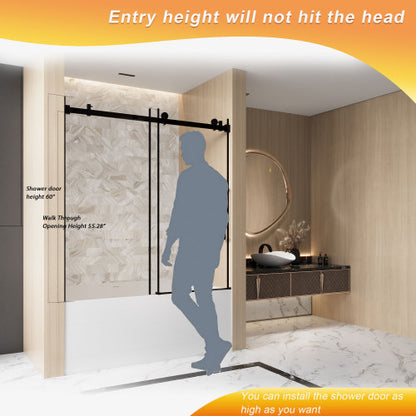 Frameless Single sliding shower door 56-60 "W x 60" H, 1/4 "(6 mm) Clear Tempered Glass, Explosion Proof Film, Stainless Steel Handle,Square Tube Track ,Matte Black
