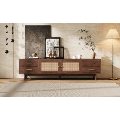 70.87 inch Dark Brown PE Rattan TV Stand 4 Drawer Pine Leg Media Console Fits Up To 80 Inch TV