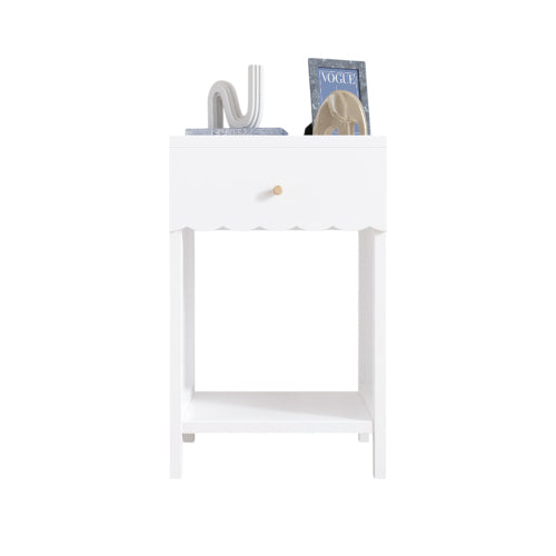 Modern White Nightstand with Drawer and Open Shelf,Scalloped Edge Bedside Table for Bedroom, Cute Minimalist Side Table for Kids Room or Girls' Room