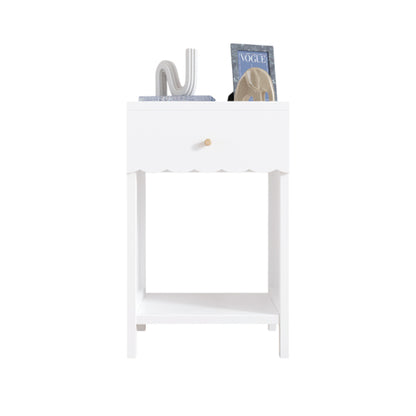 Modern White Nightstand with Drawer and Open Shelf,Scalloped Edge Bedside Table for Bedroom, Cute Minimalist Side Table for Kids Room or Girls' Room