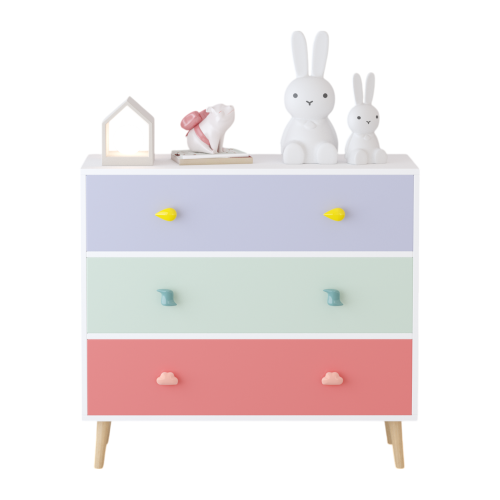Kids 3 Drawer Dresser, Colorful Baby Nightstand Storage Cabinet, Toddler Bedroom Chest with Cartoon Pulls
